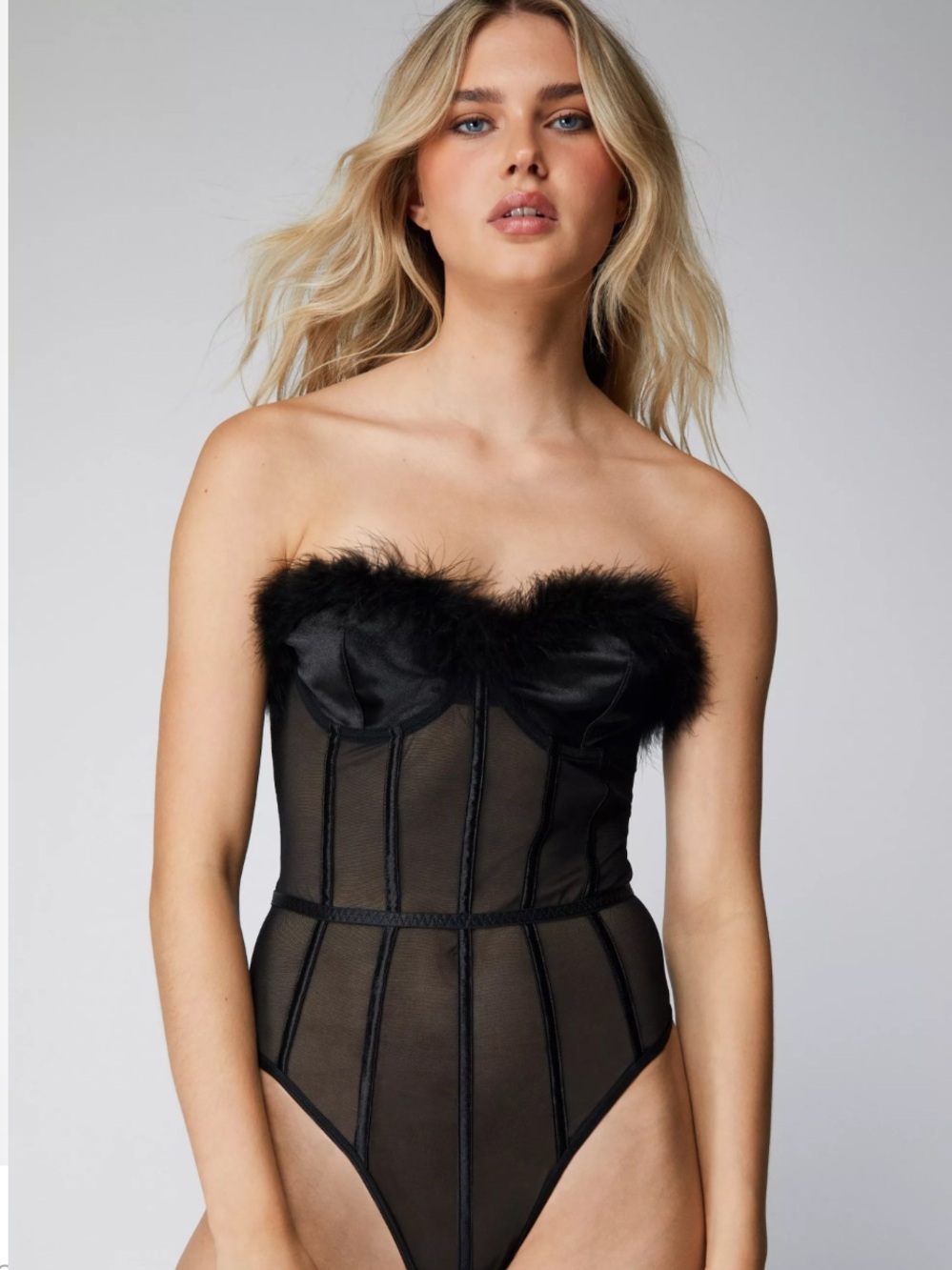 Nasty Gal Collection Premium Feather Trim Corset Bodysuit Size 12